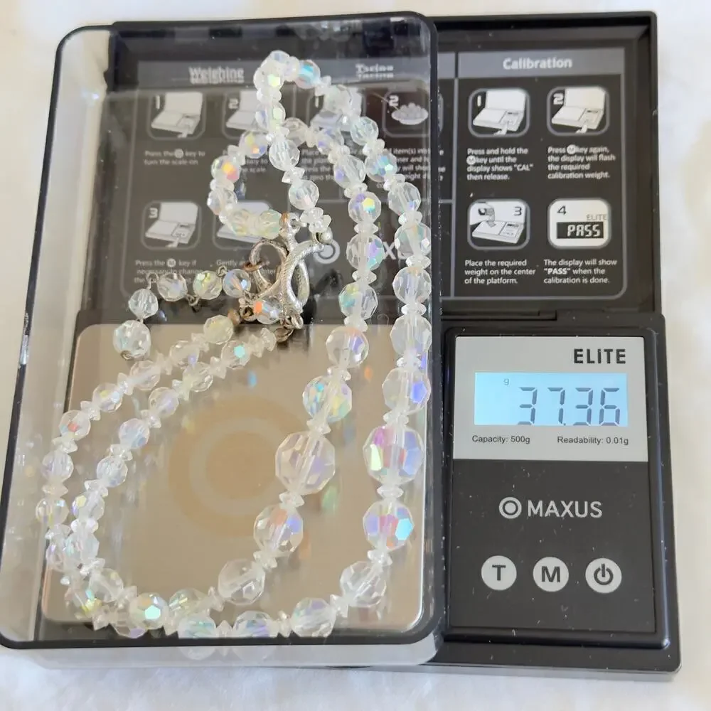 14” AB Crystal Czech Glass Double Strand Beaded Bib Necklace Vintage 1940’s